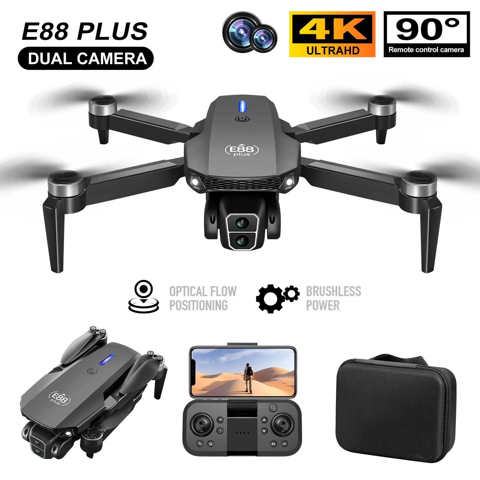 Drone Camera Hd - 新型E88 Plusクアッドコプタードローン：90 ° 電動調整カメラ、ブラシレスモーター、オプティカルフローポジショニングおもちゃ