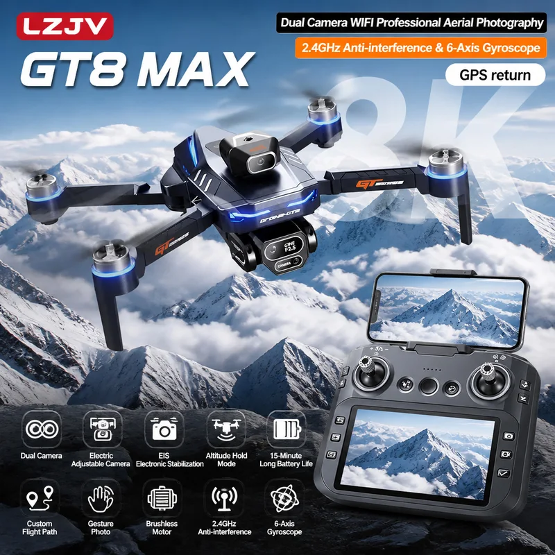 Drone Camera Night Vision - GT8 Max折りたたみ式ドローン 8K HDプロフェッショナル空中デュアルカメラスクリーンリモコン航空機 障害物回避ブラシ付きクアッドコプター